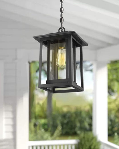 Beionxii Outdoor Pendant Light for Porch, Large Exterior Hanging Lantern Outside Chandelier Black Cast Aluminum w/Clear Glass (13.5" x 9") - A197H-1PK