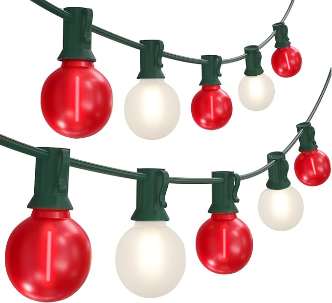 SUNSGNE G40 LED Christmas Globe Lights - 50FT Xmas Lights with 25 LED Frosted Red and White Christmas Bulbs for Indoor Outdoor Holiday Party Roofline Backyard Garden Patio Tree Decoration