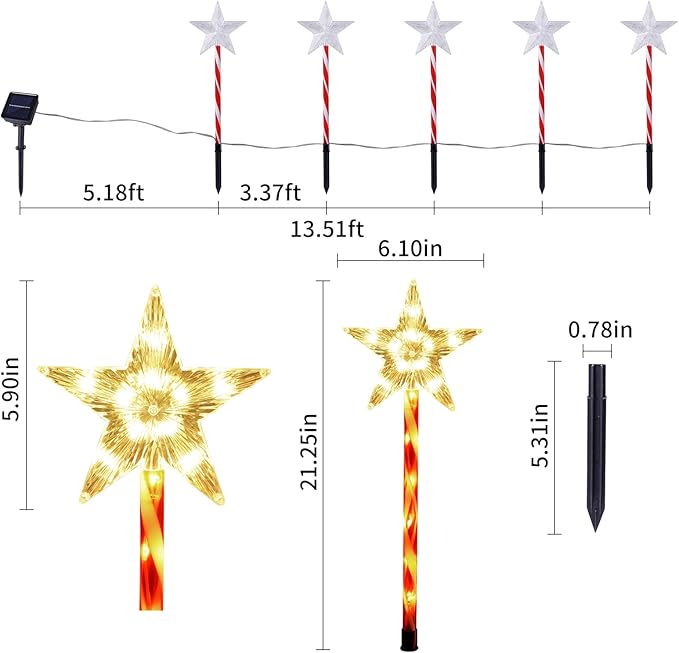 BRIGHTDECK Christmas Solar Pathway Lights Outdoor Decorations, Modes Star Candy Lights Waterproof Led Garden Stake Light for Walkway Yard Lawn Porch Holiday Decor 5-Pack (Red Tube Star, 5 Pack)