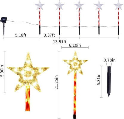 BRIGHTDECK Christmas Solar Pathway Lights Outdoor Decorations, Modes Star Candy Lights Waterproof Led Garden Stake Light for Walkway Yard Lawn Porch Holiday Decor 5-Pack (Red Tube Star, 5 Pack)