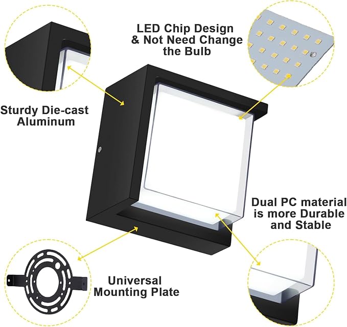 Outdoor Wall Light, 6000K Daylight Small Anti Rust Exterior Wall Lighting Fixtures, Black Square Wall Mount 12W LED | Lumora