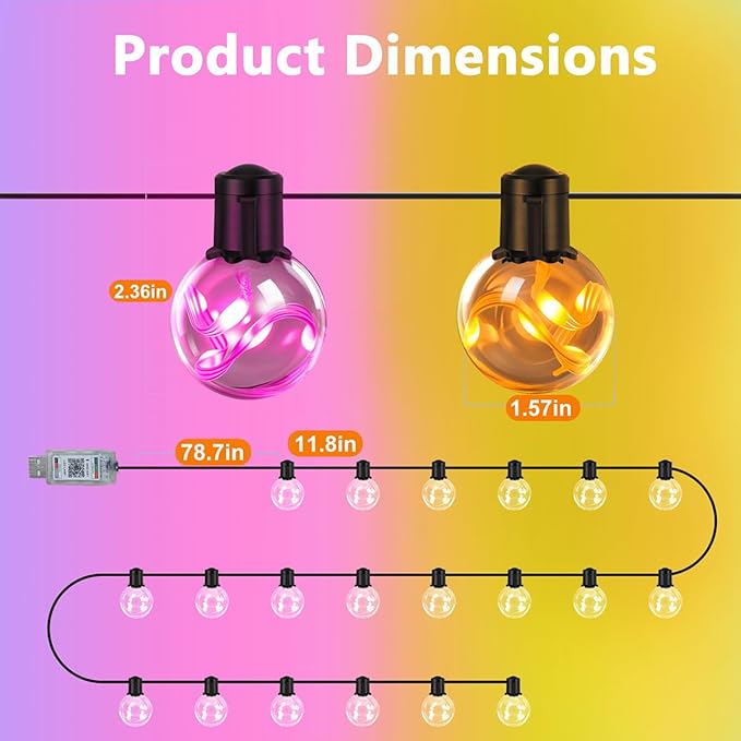 Outdoor String Lights, 25ft 20 Bulbs LED Color Changing Hanging Lights Dimmable with 220+ Scene Modes,App Control | Lumora