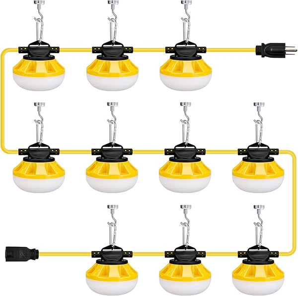 [3-Prong] 100ft LED Construction String Lights, 100W 14000lm LED String Work Lights - Outdoor Security Flood Light | Lumora