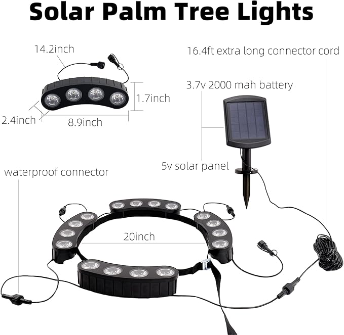 Solar Palm Tree Lights Outdoor, 2000MAH Ring LED Landscape Uplights for Tree, IP65 Waterproof, 2-In-1 | Lumora
