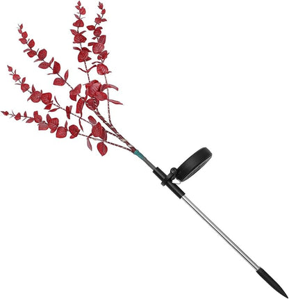 Cabilock Solar Eucalyptus Leaf Pathway Light Solar Garden Lamp Outdoor Landscape Lighting with Dark Red Flower Design Solar-Powered Lawn Stake Light for Patio and Yard Decoration