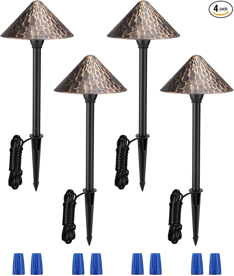 LEONLITE LED Landscape Path Light, 3W 147LM 12-24V AC/DC ETL CRI90+ Wired Outdoor LED Walkway Light, Unique Vintage Golden Texture, Aluminum Construction Low Voltage Pathway Lights 3000K, Pack of 4
