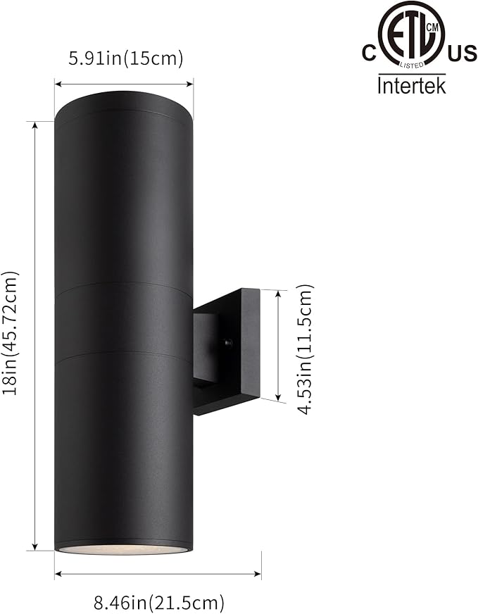 mirrea 18" Modern Outdoor Porch Light Patio Light in 2 Lights with Aluminum Cylinder and Tempered Glass Cover | Lumora