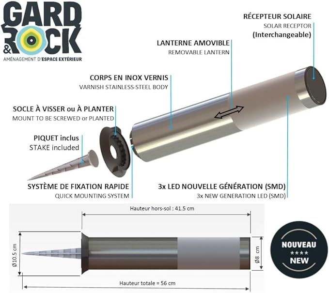GARD & ROCK - Solar Path Light Made of Stainless Steel - 3xSMD LEDs - Mobile lamp Light Feature - Quick Fixation System - Energy-Saving, Without Electrical Connection - Light up Your Garden!