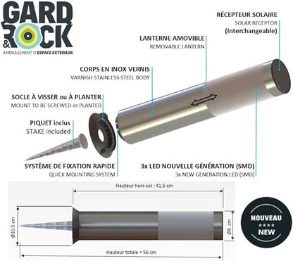 GARD & ROCK - Solar Path Light Made of Stainless Steel - 3xSMD LEDs - Mobile lamp Light Feature - Quick Fixation System - Energy-Saving, Without Electrical Connection - Light up Your Garden!