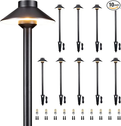 Gardenreet Brass Landscape Path Lights - 12V Low Voltage Pathway Light IP65 Waterproof, LED Outdoor Walkway Lighting Wired, Black for Patio Lawn with 3W 2700K Warm White G4 Replaceable Bulb (10 Pack)