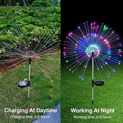 Solar Firework Lights 2Pcs Garden Lights Outdoor Waterproof, 120 LED with 8 Modes Twinkling and Steady-On, Festive daysStarburst Lights for Path, Patio, Yard (Colorful)
