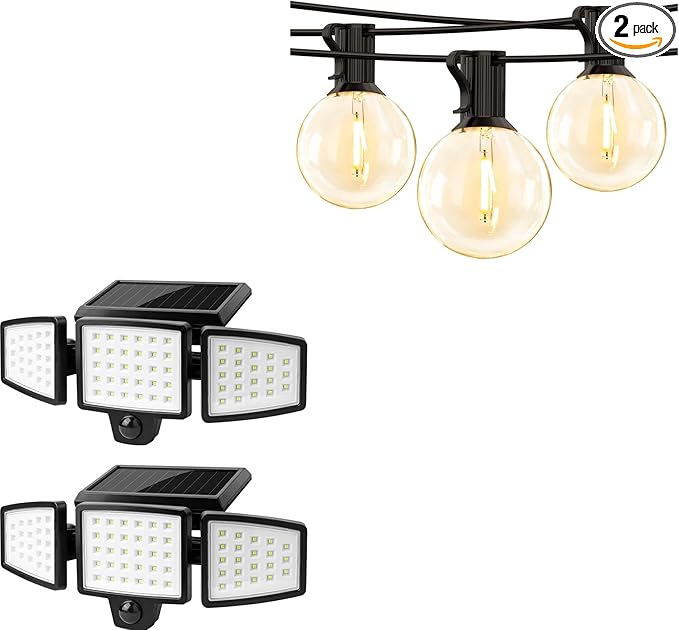 Lepro Bundle - 2 Pack Solar Flood Light 3 Adjustable Heads & 50 ft Outdoor String Lights 25 LED G40 Edison Bulbs String Lights