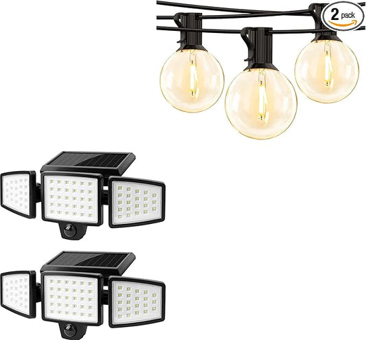Lepro Bundle - 2 Pack Solar Flood Light 3 Adjustable Heads & 50 ft Outdoor String Lights 25 LED G40 Edison Bulbs String Lights
