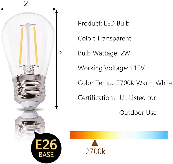 Costzon LED String Lights, 48 Ft Waterproof Commercial Grade Decorative Outdoor String Lights, UL Listed, 15 Hanging Sockets, 16PCS S14 2W LED Bulbs, Suitable for Garden Café Wedding Malls (1 Pack)