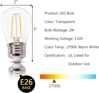 Costzon LED String Lights, 48 Ft Waterproof Commercial Grade Decorative Outdoor String Lights, UL Listed, 15 Hanging Sockets, 16PCS S14 2W LED Bulbs, Suitable for Garden Café Wedding Malls (1 Pack)