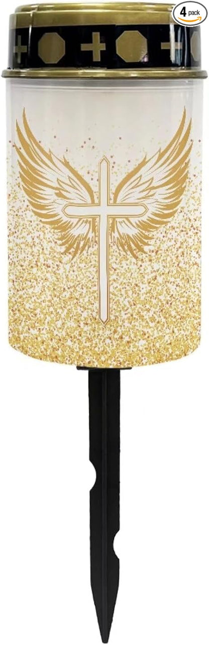 Gold Cross Solar Powered Lights for Grave Outdoor Solar Lights Waterproof Flameless Candle LED Light for Grave Cemetery Garden Decor Solar Cross for Patio Pathway Memorial Decoration