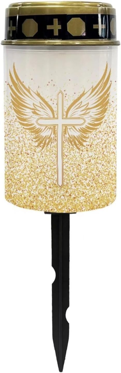 Gold Cross Solar Powered Lights for Grave Outdoor Solar Lights Waterproof Flameless Candle LED Light for Grave Cemetery Garden Decor Solar Cross for Patio Pathway Memorial Decoration