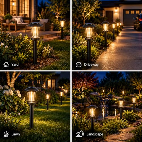 Solar Pathway Lights Outdoor, 8 Pack Warm White Tungsten Filament Solar Lights, 3 Lighting Modes, Auto On/Off, IP65 Waterproof, Dusk to Dawn Solar Garden Lights for Yard, Driveway, Lawn & Landscape