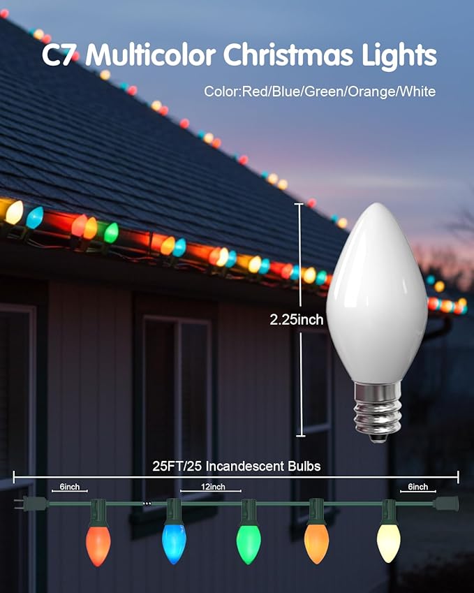SUNSGNE 25Ft Multicolor Christmas Lights Outdoor, C7 Vintage Christmas String Lights with 27 Multicolor Ceramic Bulbs(2 Spare) for Holidays, Christmas Prom Party Wedding- Green Wire