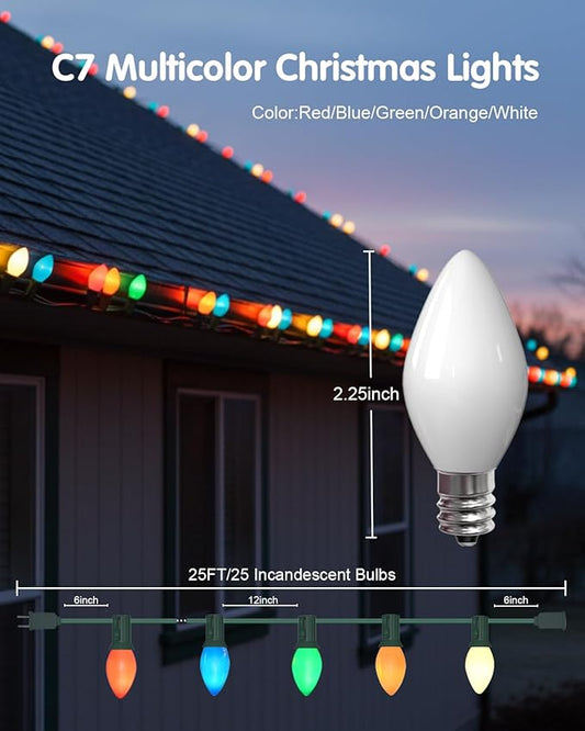 SUNSGNE 25Ft Multicolor Christmas Lights Outdoor, C7 Vintage Christmas String Lights with 27 Multicolor Ceramic Bulbs(2 Spare) for Holidays, Christmas Prom Party Wedding- Green Wire