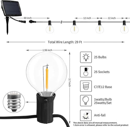 Solar LED Light Solar Lamp Solar Garden Lighting String Solar G40 Garland Street USB Rechargeable for Garden Decoration(Size:7.6M-25 Bulbs)