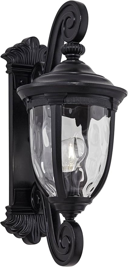 John Timberland Bellagio European Outdoor Wall Light Fixture Texturized Black Dual Scroll Arm 24" Clear Hammered Glass for Exterior House Porch Patio Outside Deck Garage Front Door Garden Home