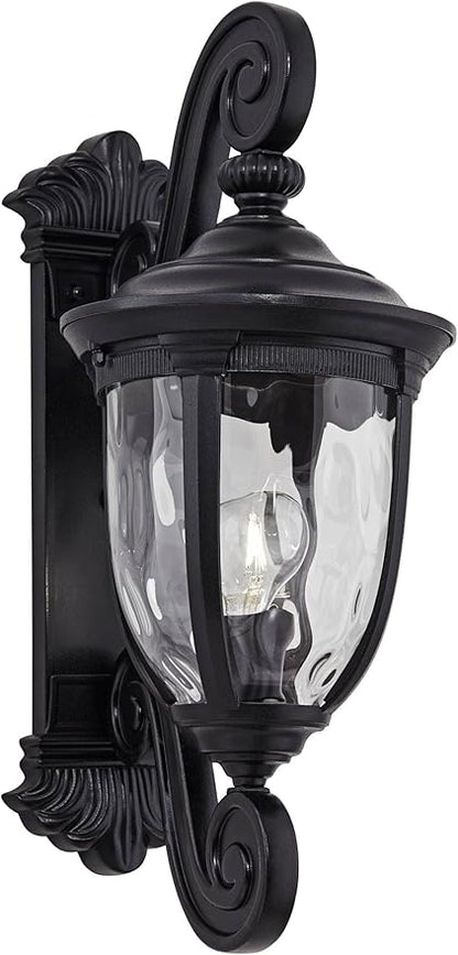 John Timberland Bellagio European Outdoor Wall Light Fixture Texturized Black Dual Scroll Arm 24" Clear Hammered Glass for Exterior House Porch Patio Outside Deck Garage Front Door Garden Home