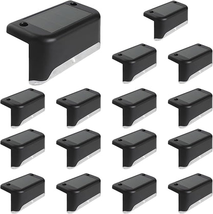 Bosreroy 16 Solar Led Fence Lights, Weatherproof Outdoor Rail and Stair Lights, Pp/Pc Construction, Amorphous Silicon Solar Panels, 3.1×1.8×1, Black, Warm White