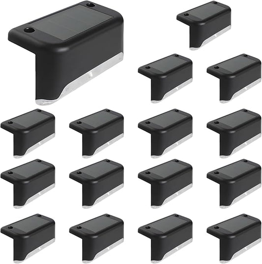 Bosreroy 16 Solar Led Fence Lights, Weatherproof Outdoor Rail and Stair Lights, Pp/Pc Construction, Amorphous Silicon Solar Panels, 3.1×1.8×1, Black, Warm White