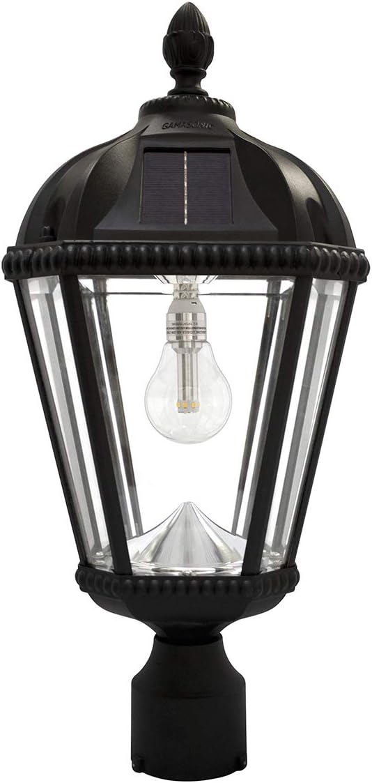 Gama Sonic Outdoor Solar Post Light, Black Aluminum, Royal Bulb, Rain Water Glass, Single Lamp with 3-inch Fitter | Lumora