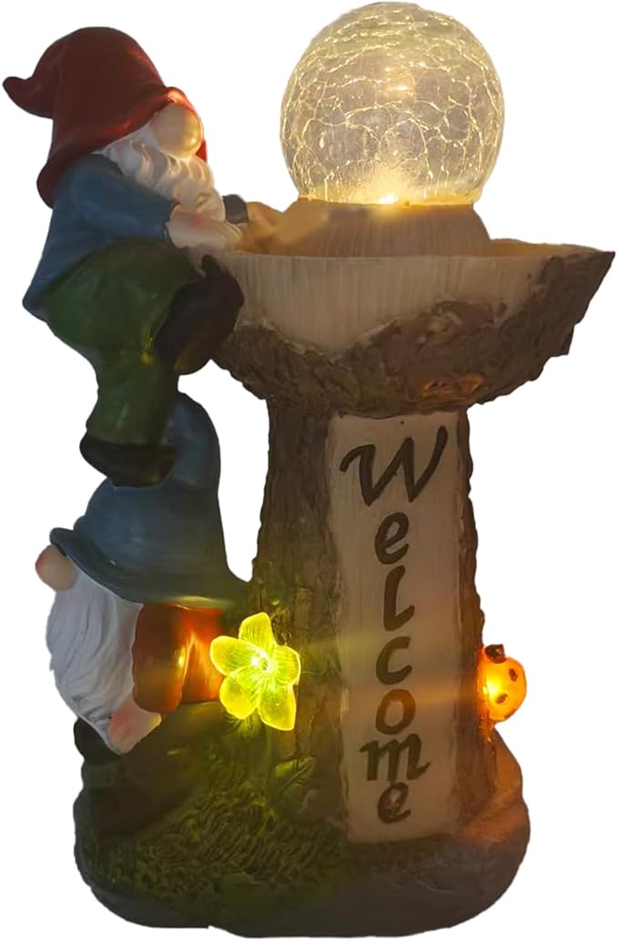Solar Powered Garden Gnome Welcome Sign with LED Cracked Glass Ball, Outdoor Statue Decor for Patio Yard Lawn Walkway, for Mom Grandma (Red)
