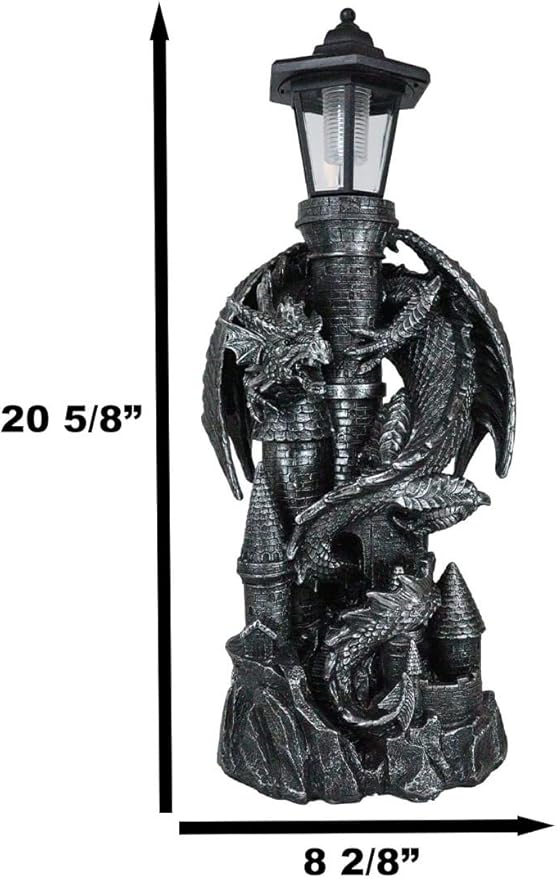 Ebros Gift Mystical Rocky Cliff Top Castle Dungeon Guardian Dragon Solar LED Light Lantern Statue Path Lighter Patio Lighter