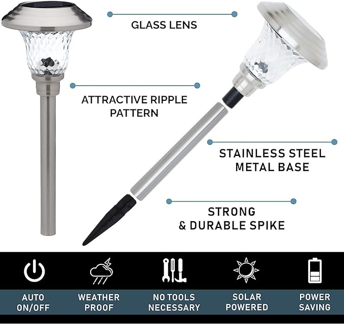 Morvat LED Solar Powered Outdoor Landscape Path Lights with Stainless Steel & Glass Lens, Up to 8 Hours Lighting for Garden Lawn Yard Walkway & Pathway, Waterproof, Dusk to Dawn, White Light, 8 Pack