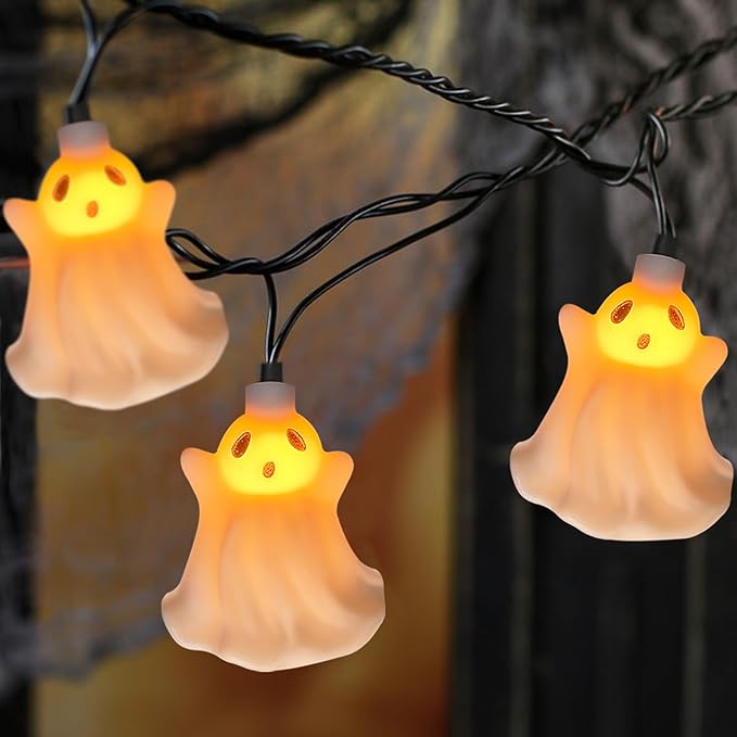 SUNSGNE Halloween Ghost LED String Lights 8.5FT Indoor String Lights with 10 LED White Genius for Outdoor Patio Indoor Home Bedroom Kids Room School Wall Decor