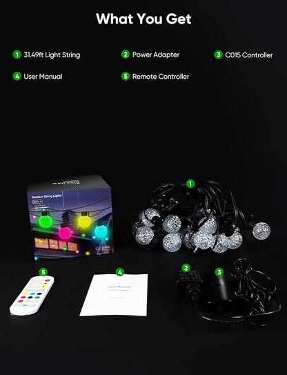 Outdoor String Lights 50FT, 25 Dimmable Color Changing LED Patio Lights with 54 Scene Modes, Warm White LED Bulbs for Outside, Christmas, Work with Alexa, Google, APP Control, IP65 Waterproof
