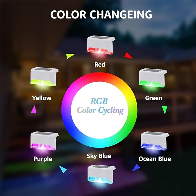 8 Pack Color Change Solar Step Lights Outdoor Small Waterproof RGB LED Stair Lamp Outside Decorative Lighting for Deck, Staircase, Railing, Pool, Retaining Wall, No Drill Install(White Shell)