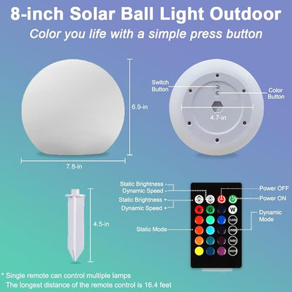 8-in Solar Globe Light Outdoor, Solar Garden Ball Light for Outside w/Remote, 16 RGB Colors 4 Modes Glow Orb Lights, Waterproof Landscape Lighting w/Ground Stake for Pathway Patio Backyard Party Decor