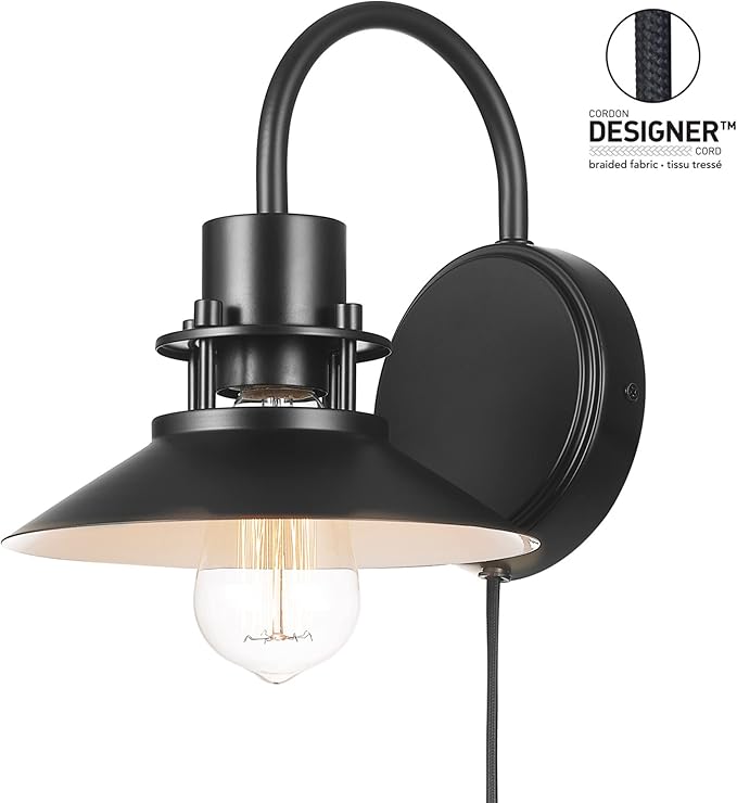 GLOBE Electric Wren 1-Light Plug-in or Hardwire Wall Sconce, Matte Black, 6ft Black Braided Fabric Designer Cord, in-Line On/Off Rocker Switch, Bulb Not Included