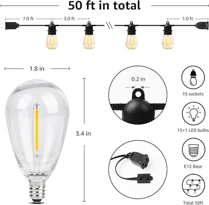 Lepro S14 Outdoor String Lights - 50ft with 15 Shatterproof LED Edison Bulbs, Waterproof Bistro Lights for Deck, Pergola, Porch, Garden, Gazebo