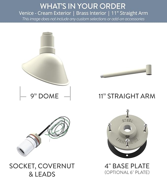 Steel Lighting Co. Venice Store Sign Light | for Outdoor Restaurant Accent Wall | 9 inch Dome | 11" Straight Arm | Made in America | Cream Exterior/Brass Interior