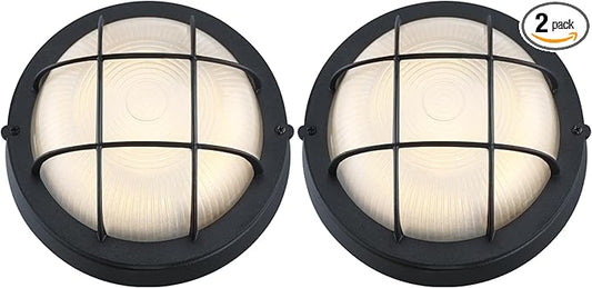GRUENLICH 8'' Round LED Bulkhead Light Fixture, Outdoor Wall Lights Dimmable, Sauna & Exterior Lighting, ETL Rated, 15W 1500 Lumen, 3000K Warm White, Black Cast Aluminum, Wall/Ceiling Mount, 2 Pack