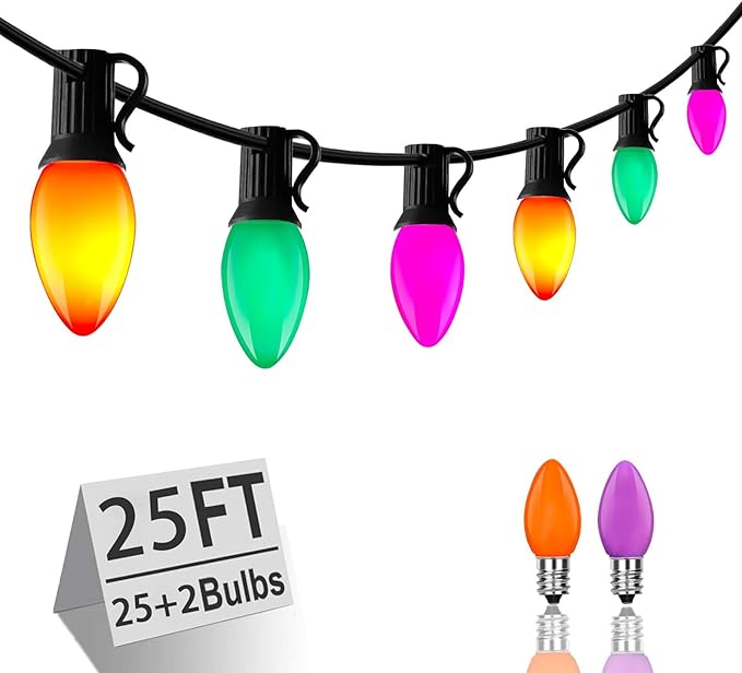 C7 LED Halloween Lights, 25FT Halloween C7 String Lights with 27 Orange Green and Purple LED Bulbs, Hanging Halloween Decoration Lights for Outdoor Indoor Patio Home Party Garden Yard-Black Wire