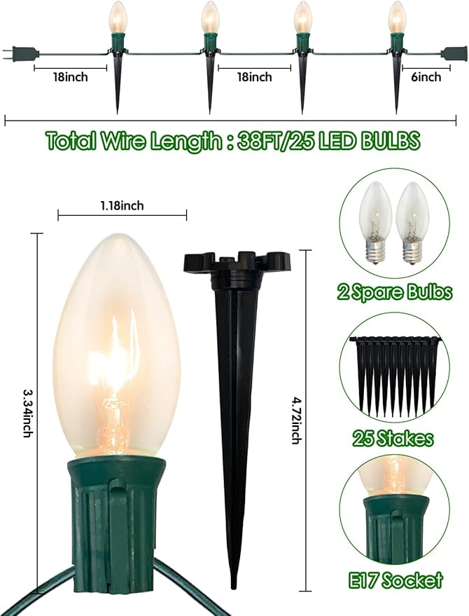 SUNSGNE Christmas Pathway Lights Outdoor - 38FT Vintage Christmas Lights with 25 C9 Clear Bulbs and 25 Plastic | Lumora