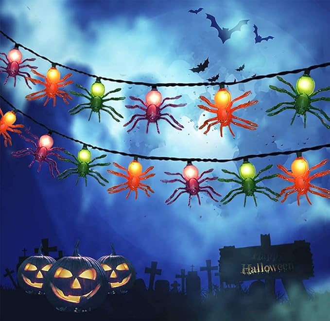SUNSGNE Halloween Spider String Lights, 8.5Ft Halloween String Light with 10 Spider Lights for Party, Curtain, House, Garden, Yard Decor
