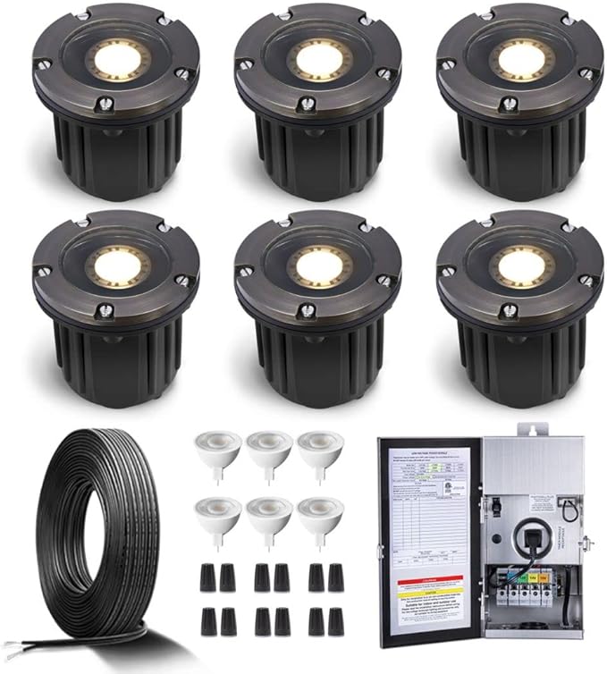 Gardenreet Brass Low Voltage In Ground Lights Kit(6 Pack) with 150W Transformer & MR16 Bulb & 100Feet Wire & | Lumora