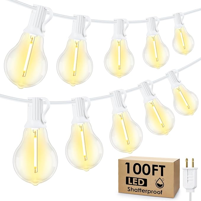 100FT Outdoor String Lights, LED Patio Lights with 32 Waterproof Shatterproof Dimmable A39 Hanging Bulbs(2 Spare) | Lumora
