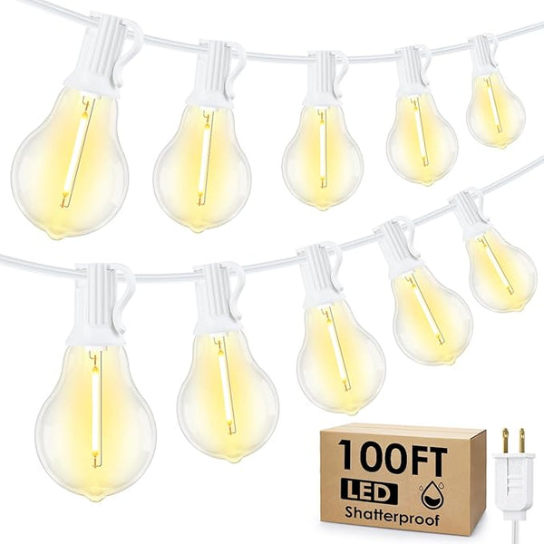 100FT Outdoor String Lights, LED Patio Lights with 32 Waterproof Shatterproof Dimmable A39 Hanging Bulbs(2 Spare) | Lumora