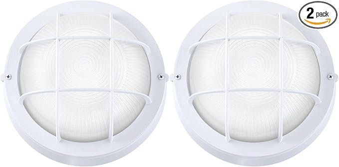 GRUENLICH 8'' Round LED Bulkhead Light, Outdoor Wall Lights Dimmable, Sauna & Exterior Lighting, ETL Rated, 15W 1600 Lumen, 5000K Daylight White, White Cast Aluminum, Wall/Ceiling Mount, 2 Pack