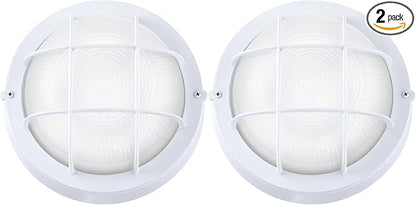 GRUENLICH 8'' Round LED Bulkhead Light, Outdoor Wall Lights Dimmable, Sauna & Exterior Lighting, ETL Rated, 15W 1600 Lumen, 5000K Daylight White, White Cast Aluminum, Wall/Ceiling Mount, 2 Pack