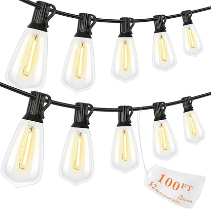 100FT LED Outdoor String Lights, Waterproof Patio Lights with 50+2 Edison Shatterproof Bulbs, Outside Hanging Light, Christmas Decorative for Patio, Cafe, Garden, Bar